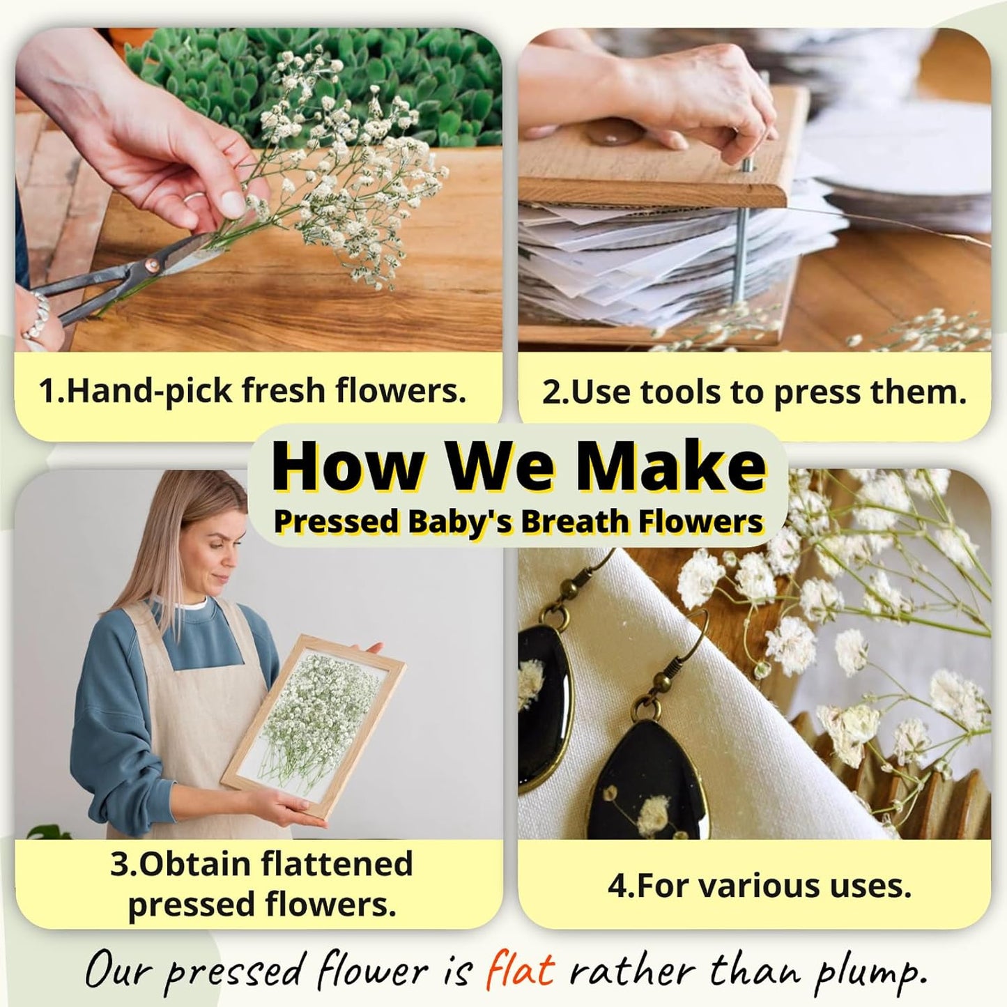 Dried Baby' s Breath Flowers Bulk - 120Pcs Pressed Babys Breath for Invitations, Resin Art & DIY Crafts, Natural White Baby Breath with Green Stem for Wedding Cards, Nail Art, Scrapbook