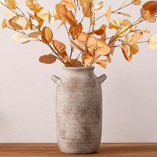 Large Flower Vase Home Decor - 12 inch Tall Ceramic Farmhouse Rustic Table Vases with Handle Living Room Decoration Decorative Modern Pottery for Floor Kitchen Shelf Coffee Dining Desk Fireplace