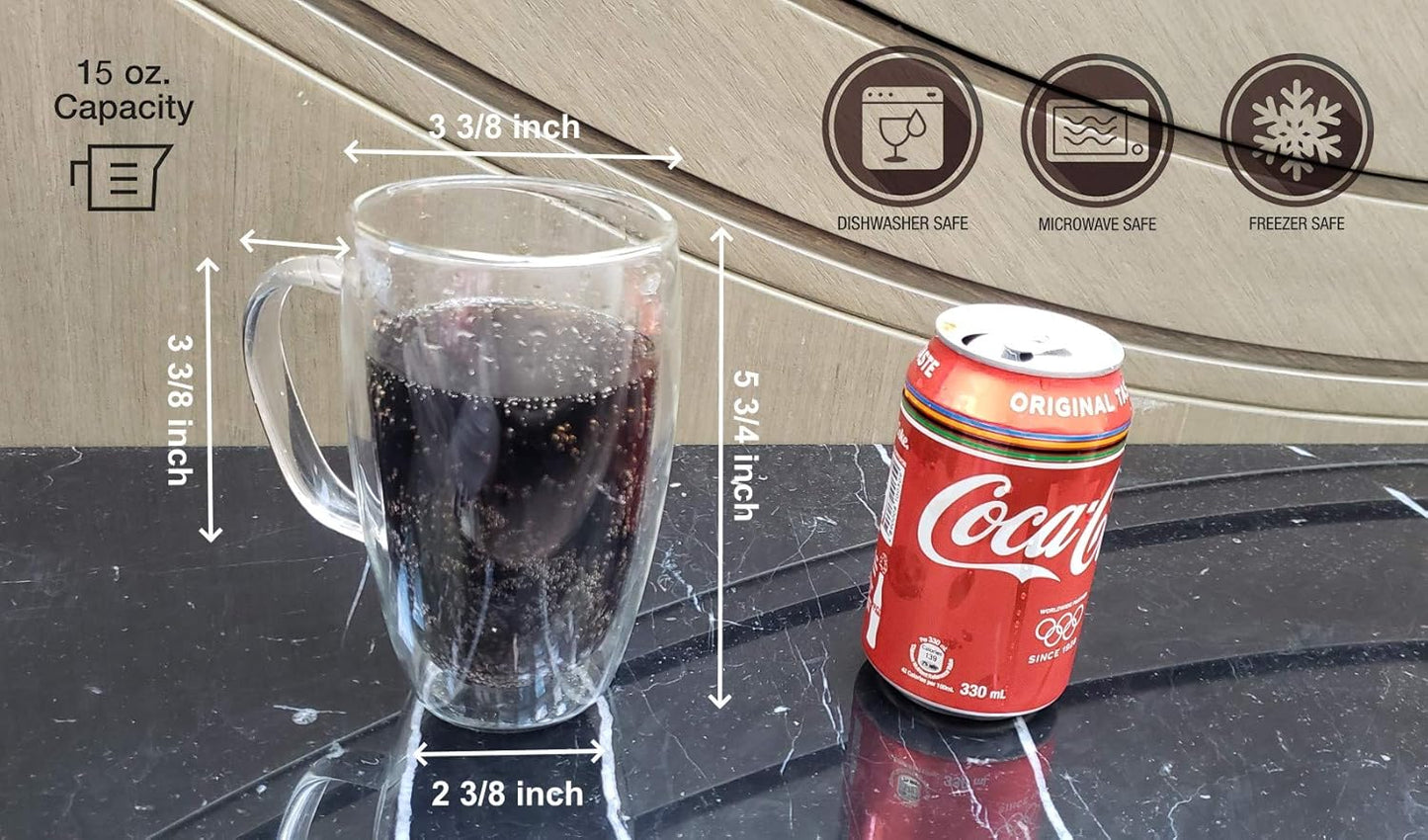 Gmark Large Coffee Mugs Set of 2 (15 oz), Double Wall Tumbler Glass Cup, Insulated Coffee Cups for Tea, Latte, Espresso, Juice, or Water GM2030