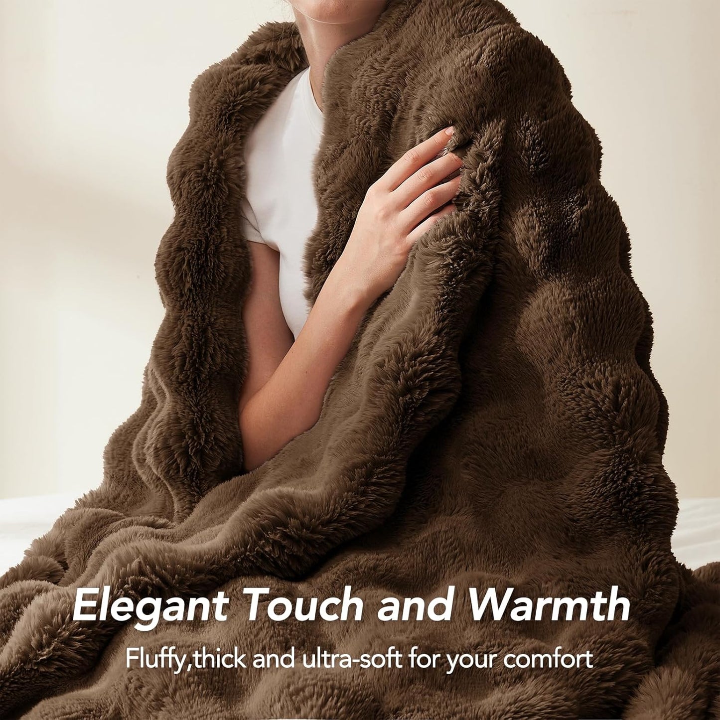 L'AGRATY Faux Rabbit Fur Blanket: 90" x 90" Queen Luxury Soft Fluffy Thick Fur Throw Blanket for Couch Bed Sofa - Cozy Plush Bubble Blankets for Winter: Flannel Fleece Decorative Blanket(Cocoa Brown)