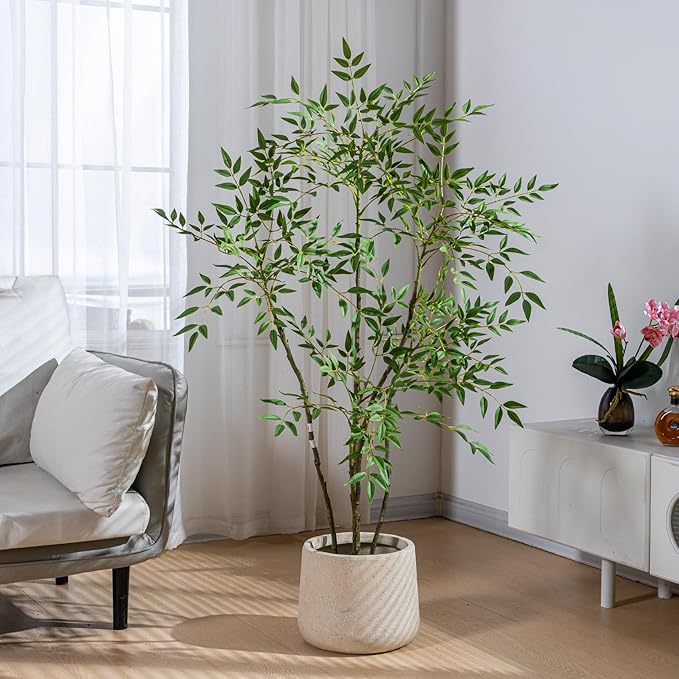 4.6ft Faux Bamboo Tree Artificial Nandina Tree Artificial Indoor Plants Realistic Fake Potted Tree with 800+ Leaves, Cement Planter - Home Office Decor Perfect for Housewarming Gift Non-Toxic