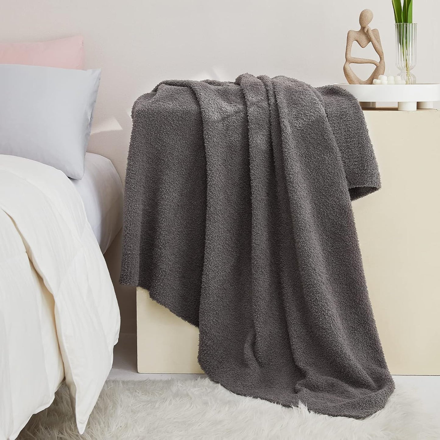 CYMULA Super Soft Knit Throw Blanket Twin Size Dark Grey-Lightweight Plush Fuzzy Fluffy Warm Cozy Blankets and Throws for Sofa Bed All Season Use, 60x80 inches