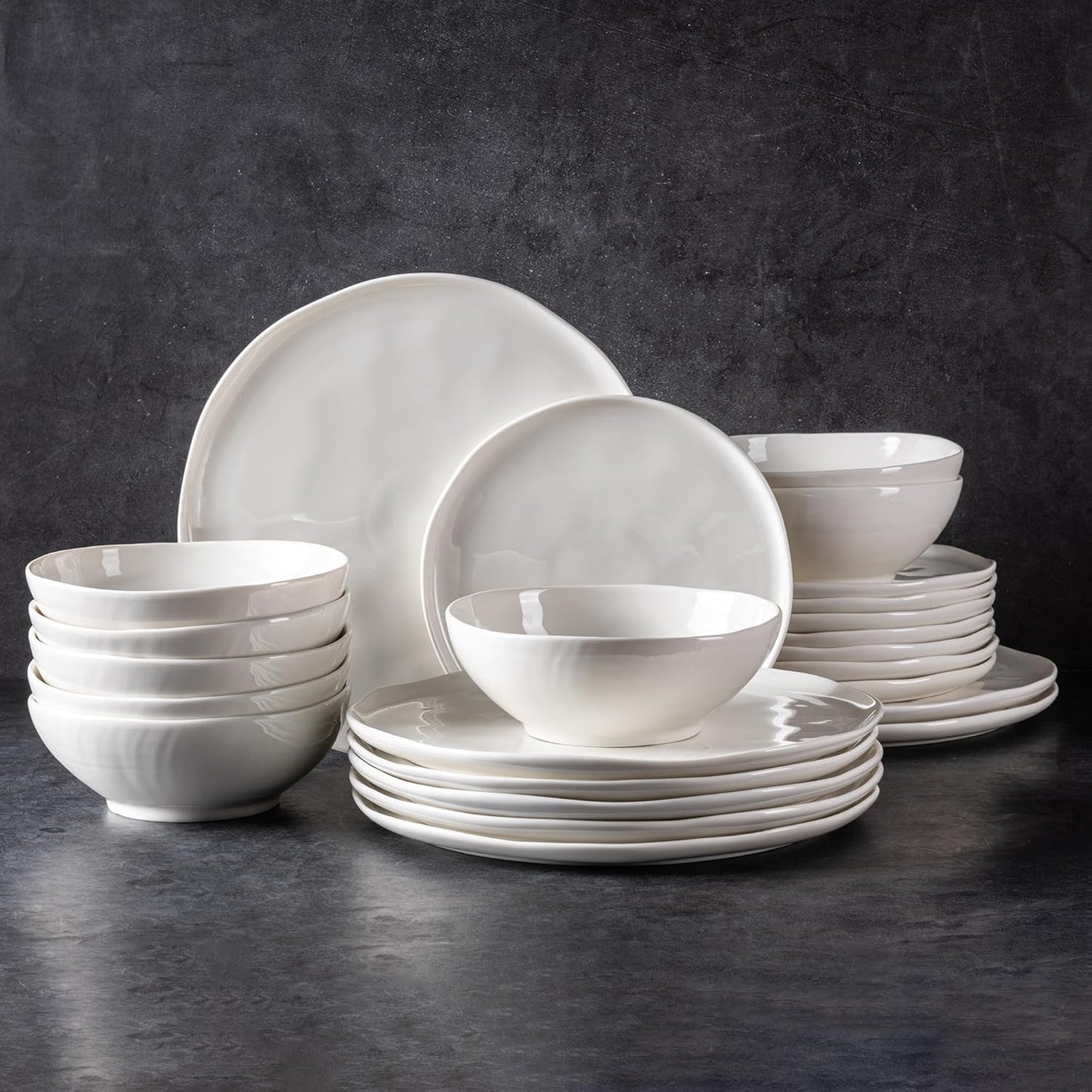 LERATIO Ceramic Dinnerware Sets for 8,Porcelain Plates and Bowls Sets with Wavy Edge, Oven &Microwave & Dishwasher &Safe,Light Weight & Scratch Resistant Dishes Sets-Service for 8 (24pcs) Peal White