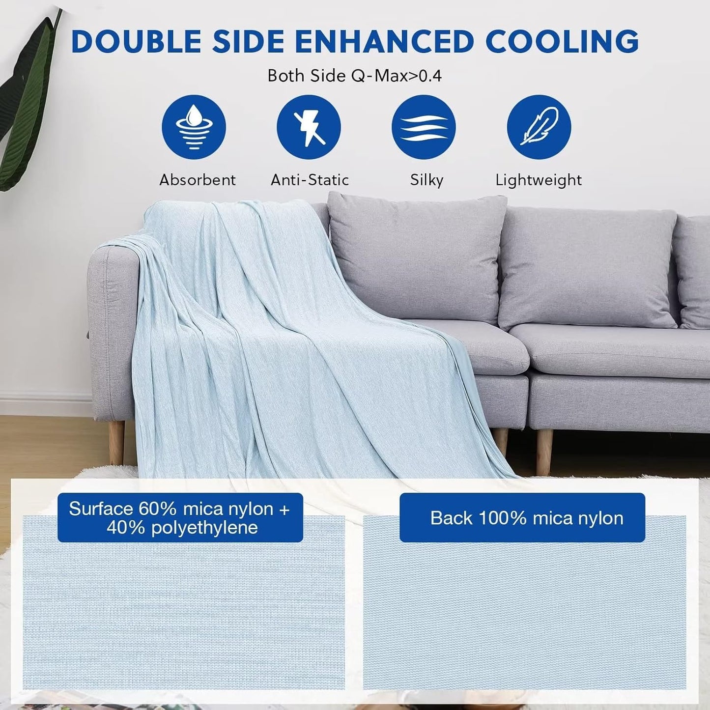 HOMFINE Cooling Blankets for Hot Sleepers - Summer Blanket Thin Lightweight Breathable Soft Double Side Enhanced Cooling for Bed Couch Sofa, Keep Cool for Night Sweats (Light Blue, 50 x 70 inches)