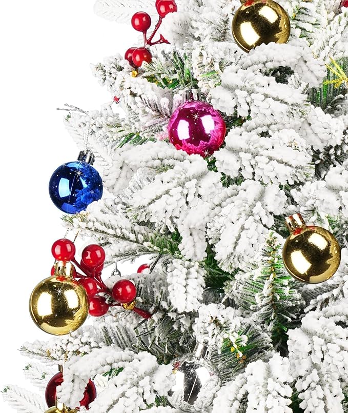 24'' Mini Artificial Christmas Tree with LED Lights and Faux Berrys, Pre-Lit Snow Flocked Xmas White Trees, Christmas Porch Decorations Small Fake Trees for Outdoor, Home, Porch & Yard - Set of 2