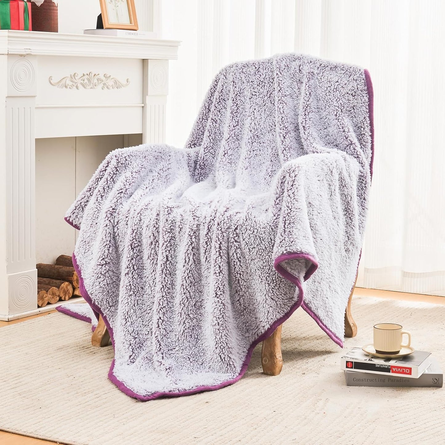 EMME Soft Sherpa Fleece Blanket Reversible Plush Fluffy Large Blanket, Light Weight Warm Decorative Boho Blanket Cover for Sofa, Couch, Bedroom,Travel(Plush Purple,90"x90")