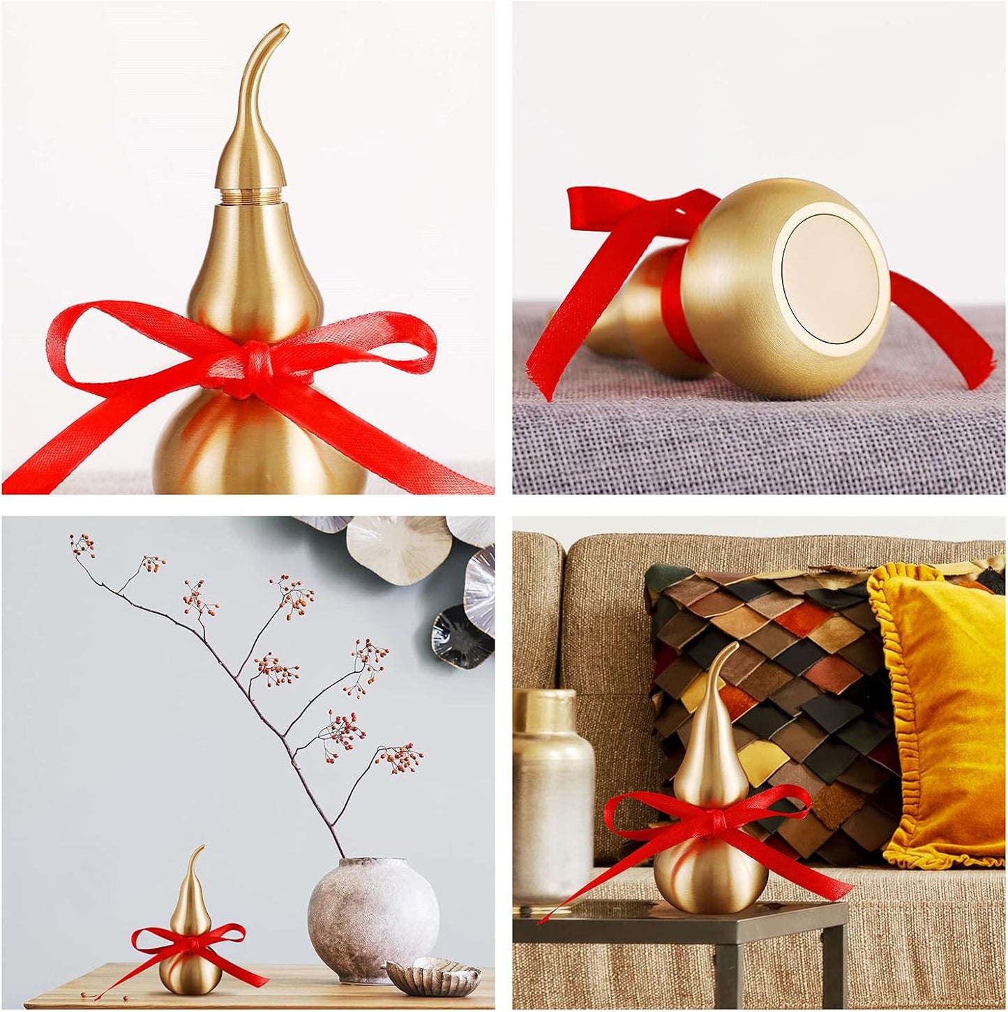 Feng Shui Decor - Brass Wu Lou Gourd with Red Luck Strip for Ideal Home Decoration,Table,Bookshelf,5inch Tall,Full Brass,Fortune Protection,Hu Lu Bring Good Luck,Healthy,Success