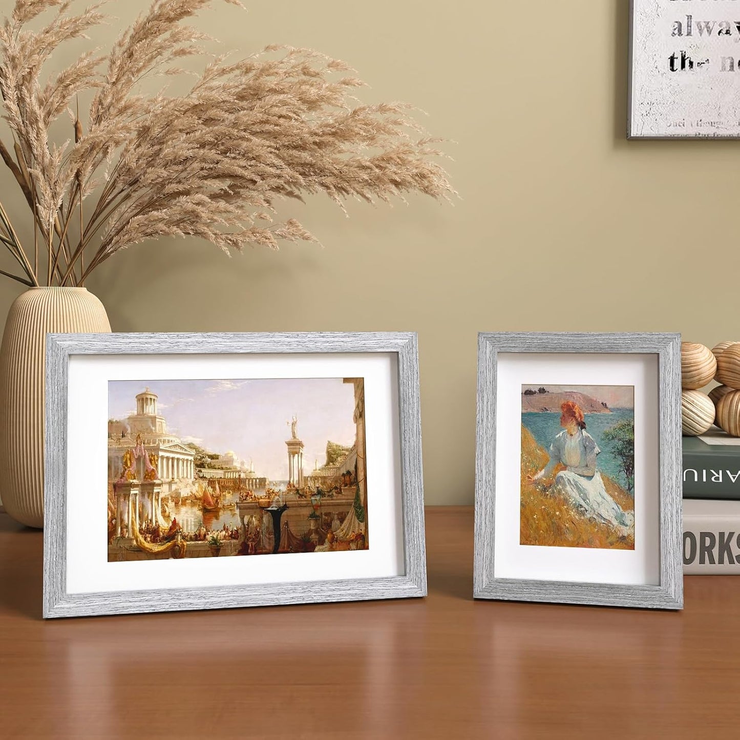 KINLINK A4 Picture Frame, Grey Solid Wood Frames with Acrylic Plexiglass for Pictures A5 with Mat or A4 without Mat, Tabletop and Wall Display Photo Frame 4 Pack