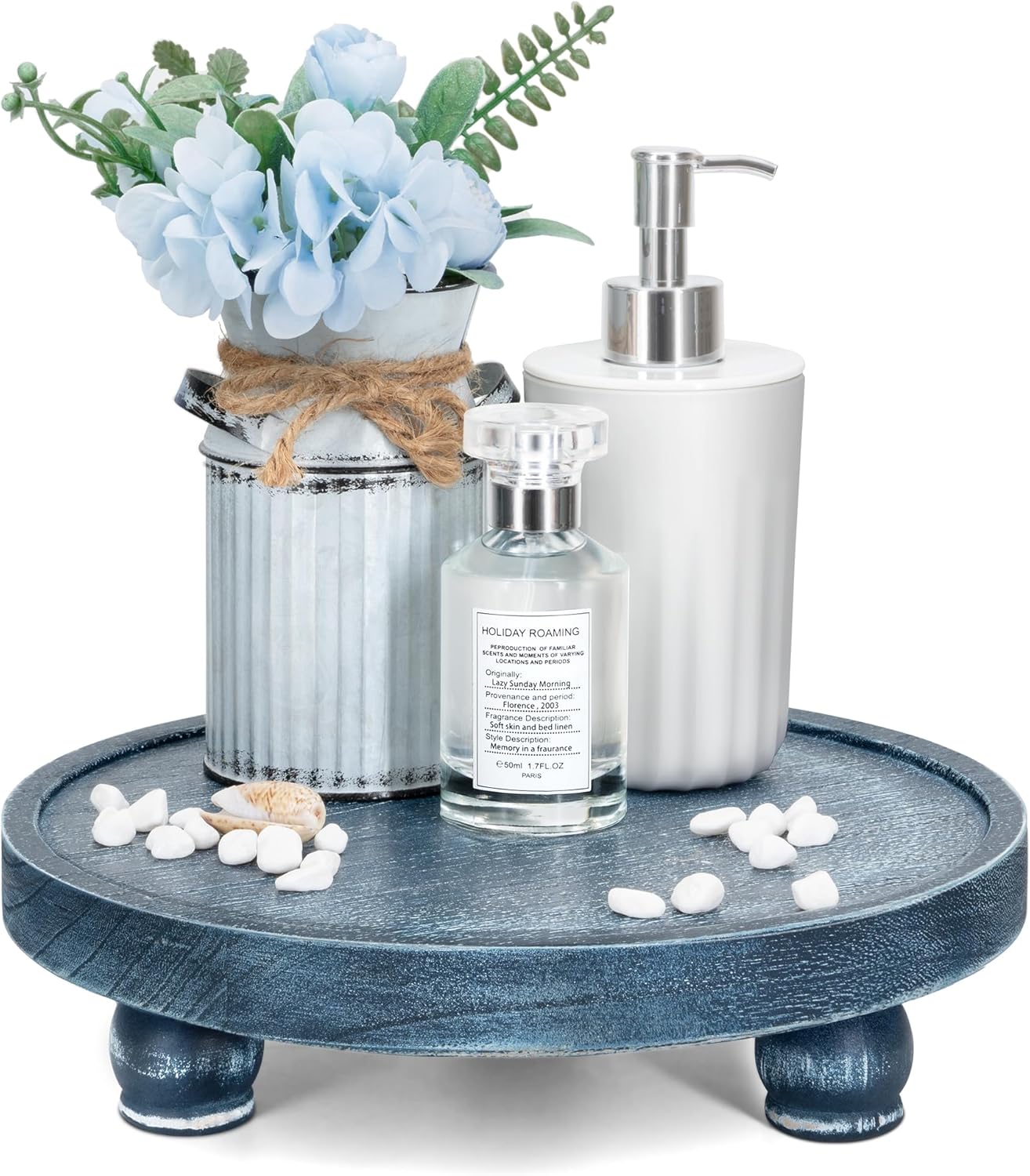 EOSAHR Decorative Display Risers for Living Room Decor - Farmhouse Wood Pedestal Stand for Kitchen Sink Organizer - Perfume Organizer for Bathroom Decor (Blue)