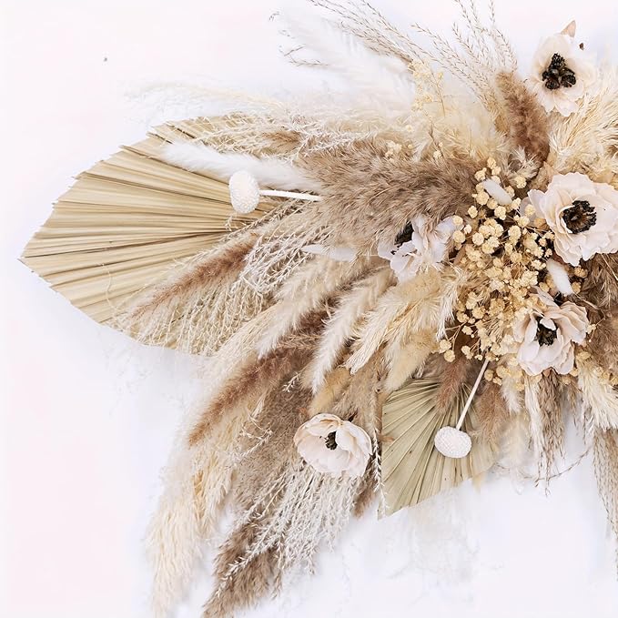 1pc DIY Modern Minimalist Pampas Grass Wall Decor – 35 Inch Natural Beige and Brown Reed Grass Arrangement for Bedroom, Office, and Gallery Walls(Ivory Cascade Wreath)