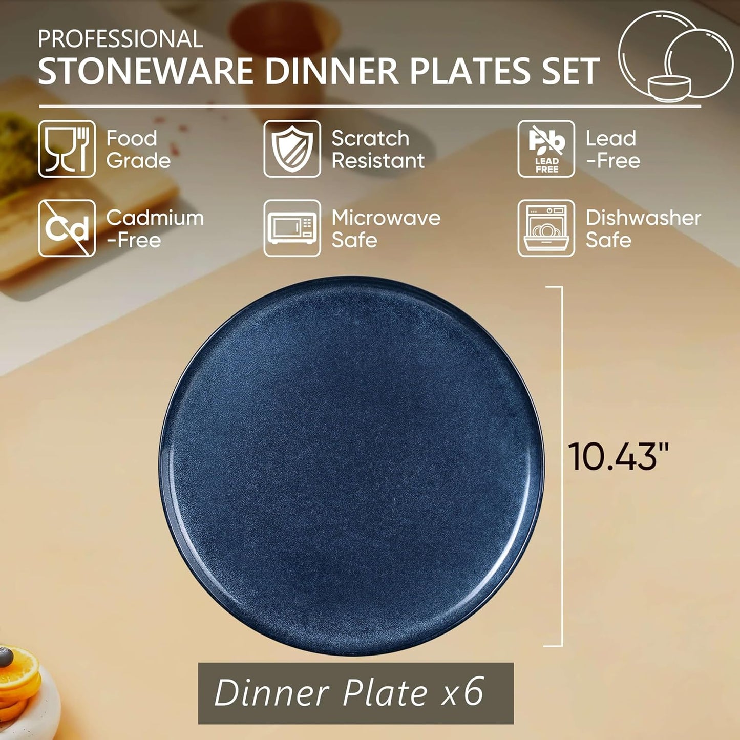 Herogo 6-Piece Stoneware Dinner Plates Set, 10.43" Ceramic Round Plate Set, Double Reactive Glaze Large Dinnerware Plates for Kitchen, Microwave, Oven and Dishwasher Safe, Starry Blue