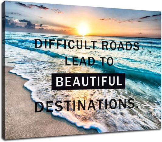 GoForArt Inspirational Canvas Wall Art, Famous Quote Prints Motivational Wall Decor, Difficult Road Poster for Office Living Room, Ocean Bedroom Dining Room Artwork Home Decoration 18x24in