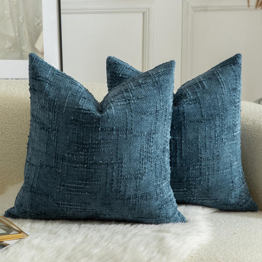 MANDIOO Pack of 2 Soft Chenille Textured Throw Pillow Covers Square Accent Solid Decorative Cushion Cover Cozy Farmhouse Pillow Case for Couch Sofa Bed Living Room 20x20 Inch Navy Blue