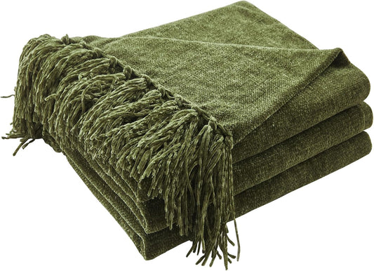 CozeCube Chenille Throw Blanket for Couch, Cozy Plush Fuzzy Decorative Olive Green Blanket with Fringe Tassels, Lightweight Throws for Bed Sofa Gift Home Decor, 50"X60"
