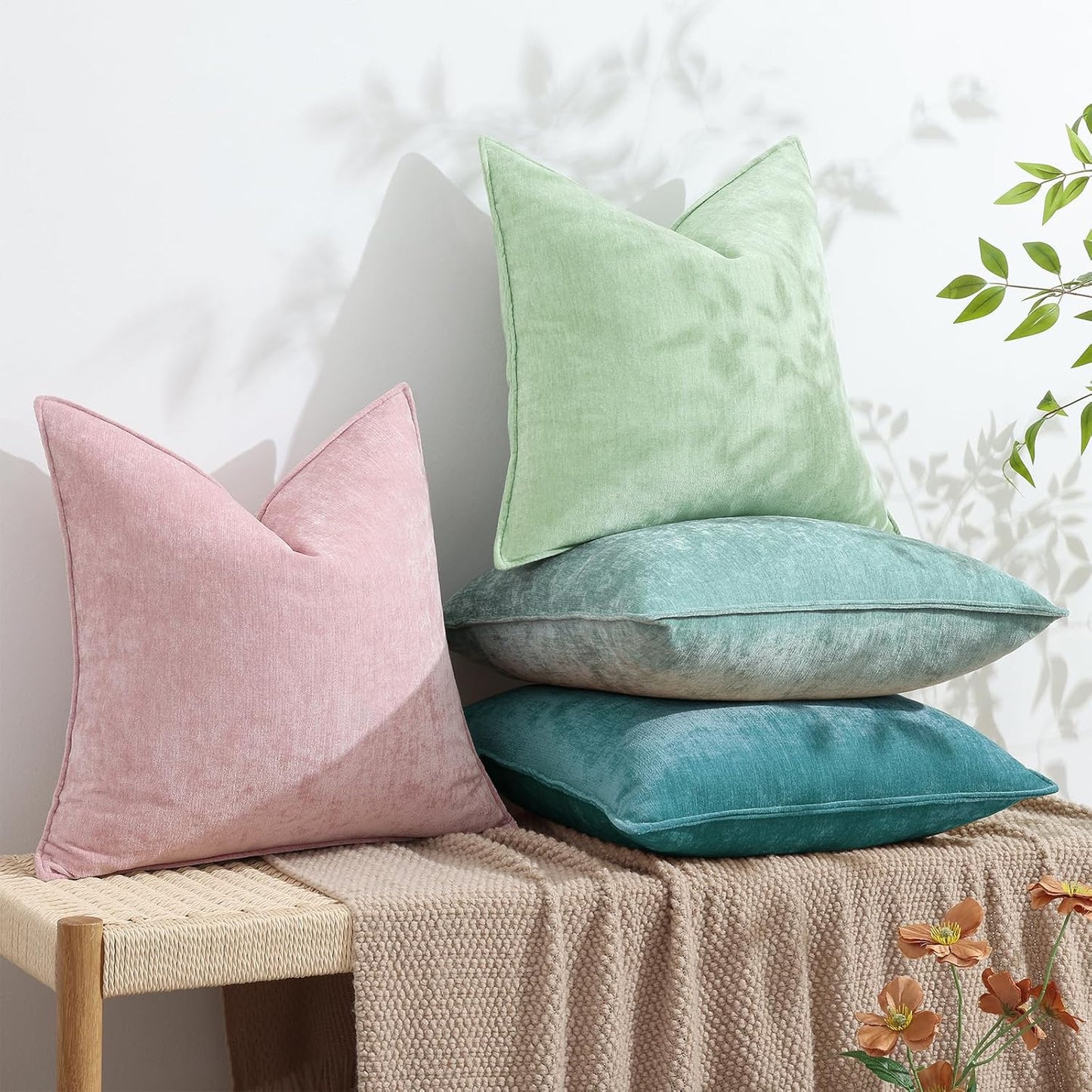 decorUhome Couch Throw Pillow Covers 20x20 Set of 2, Decorative Soft Euro Neutral Chenille Pillow Covers with Elegant Design for Sofa Bed Living Room Home Decor, Teal