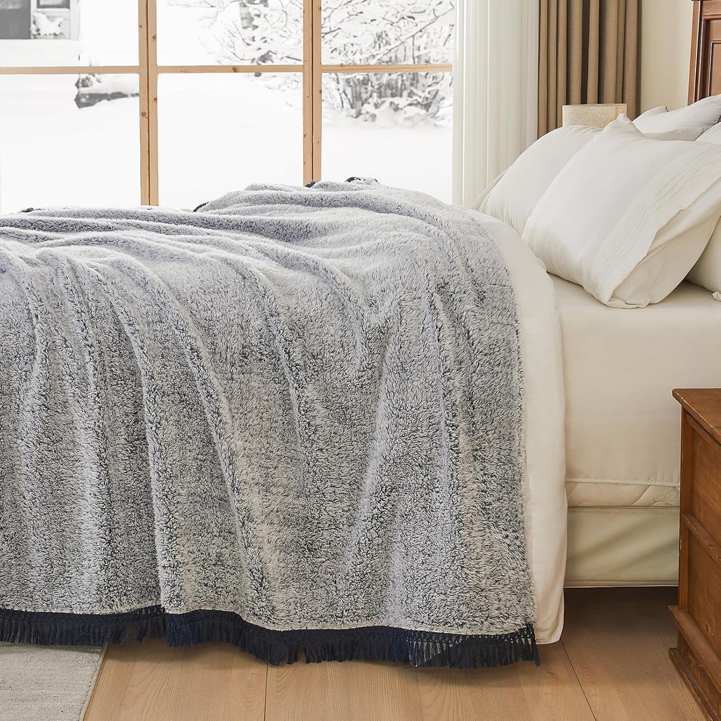 EMME Soft Sherpa Fleece Blanket with Tassel, Reversible Plush Fluffy Large Blanket, Light Weight Warm Decorative Boho Blanket Cover for Sofa, Couch, Bedroom,Travel(Tassel Navy,108"x90")
