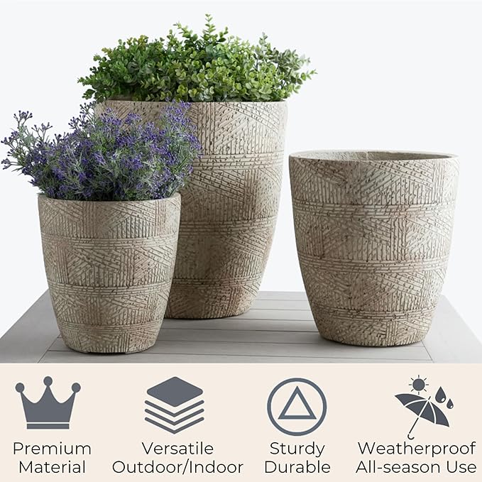 Wallowa 17.7"+13.8"+9.8" Dia Round Concrete Planter Set of 3, Large Indoor Outdoor Planter, Flower Pots with Drainage Holes and Sealing Plug for Garden, Patio, Home, Office Weathered Concrete Gray
