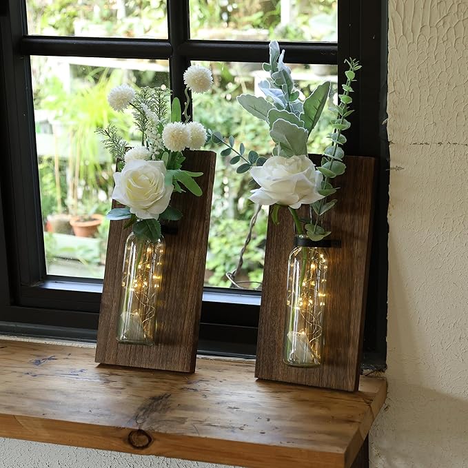 2 Pack Wood Glass Wall Sconces, Farmhouse Planters for Indoor Plants, Rustic Decor for Living Room, Hanging Vase (Brown)