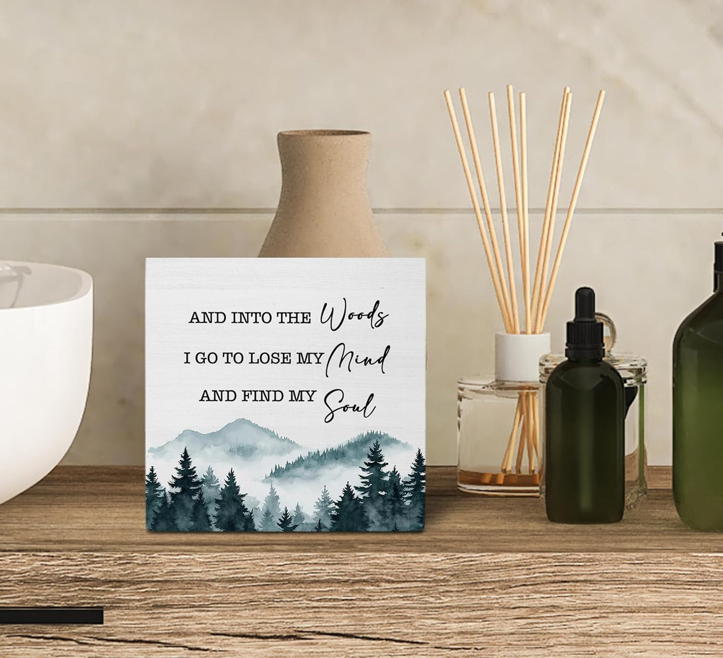 Ku-Dayi Camping Wooden Box Sign, Nature Mountain Wood Box Decorations for Home Office, Camper Accessories, Forest Into the Woods I Go to Lose My Mind Wooden Block Plaque Desk Shelf Decor 5x5 Inch