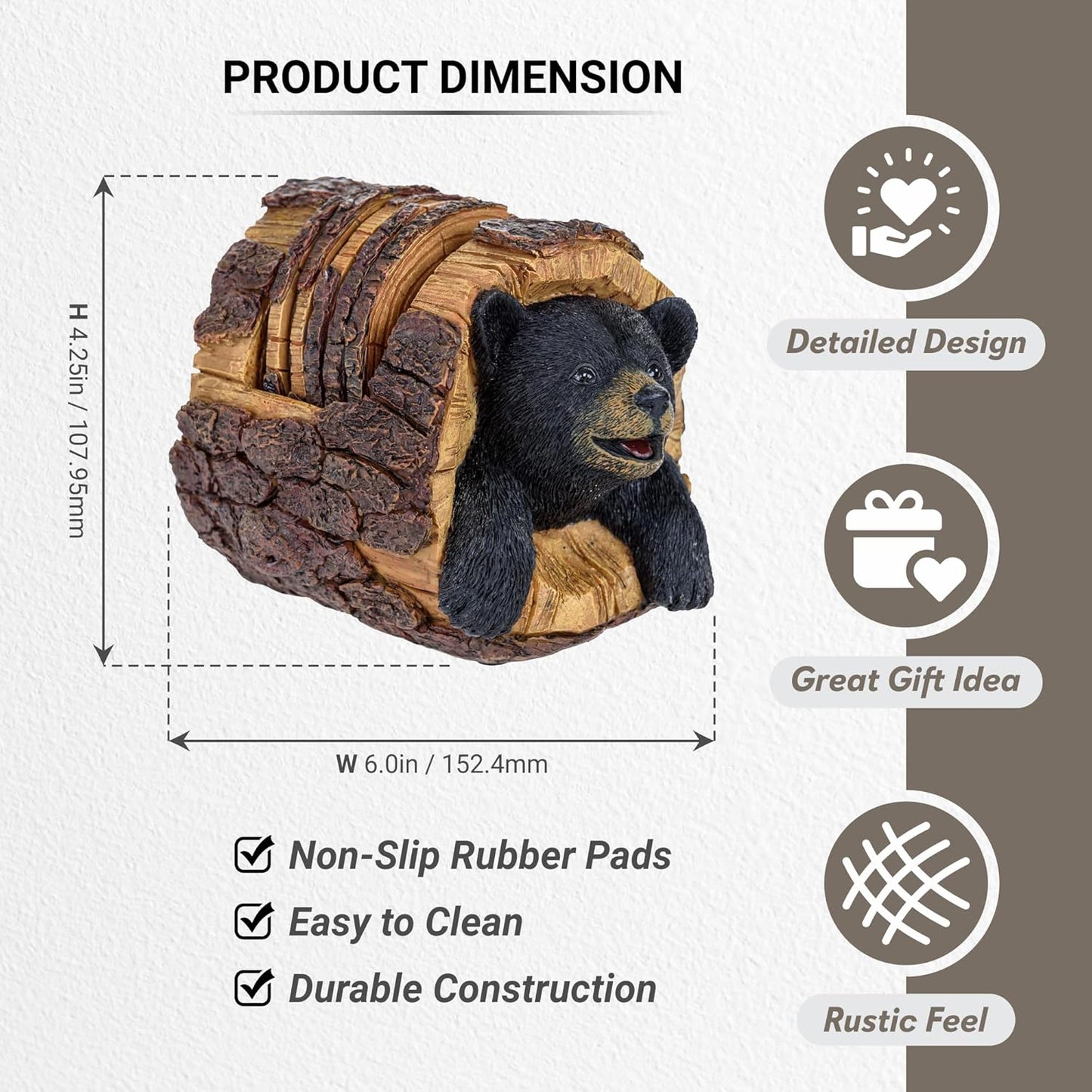 Black Bear Rustic Log Coaster Set - Drink Holders for Home Decor - Bear Print Cabin Coasters