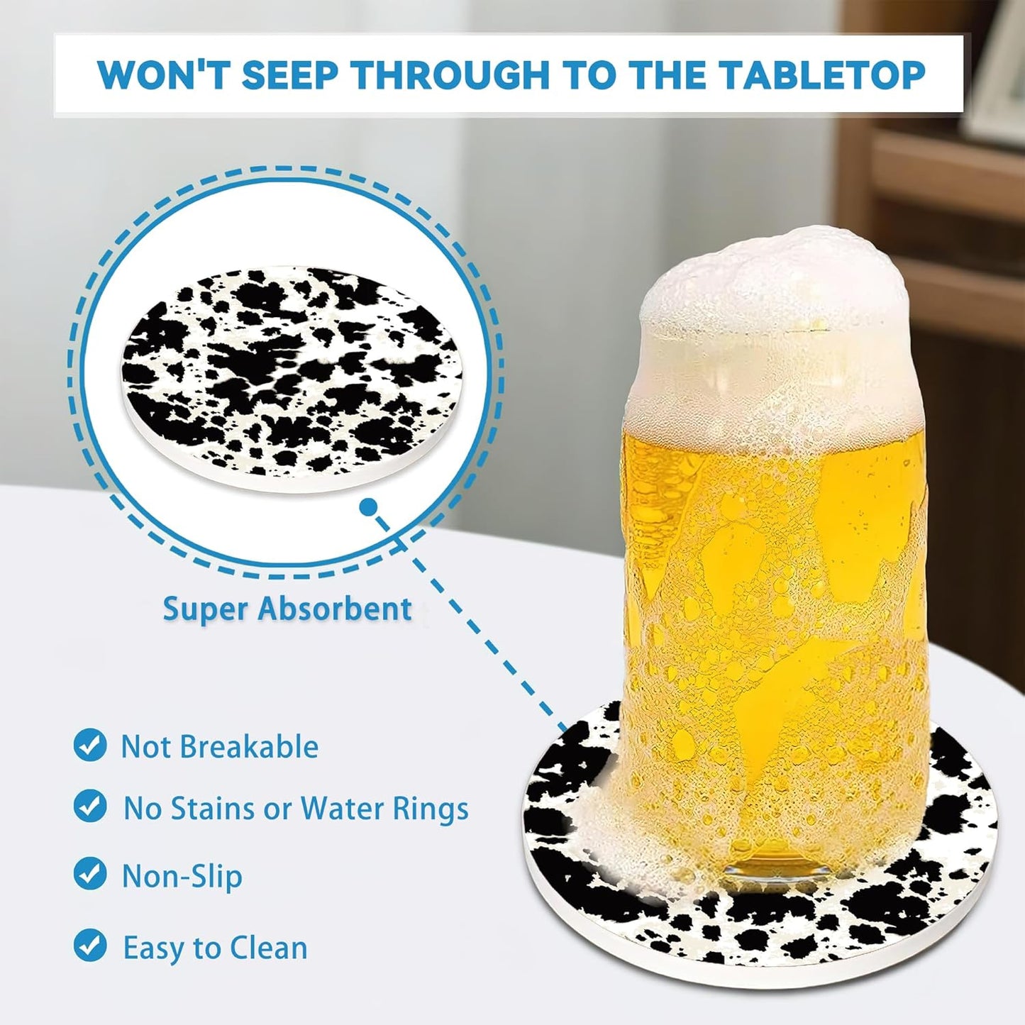 Drinks Coasters Set of 4, Cow Print Round 4" Cup Coasters, Absorbent Ceramic Stone Coasters with Cork Base, Cute Coasters for Table Home Décor, Ideal Gifts for Women Men