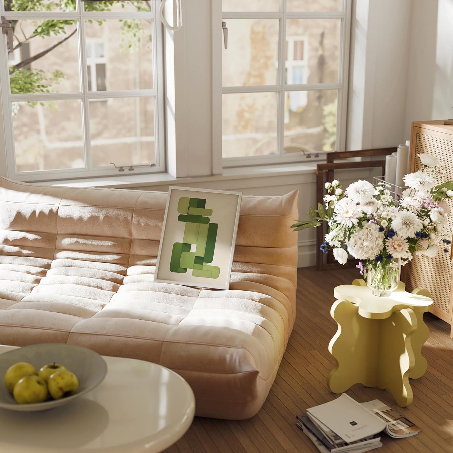 HAUS AND HUES Modern Abstract Wall Art - Blue and Green Living Room Art, Modern Artwork for Walls, Minimalist Picture for Living Room(Green Geometric, White Frame, 12x16)