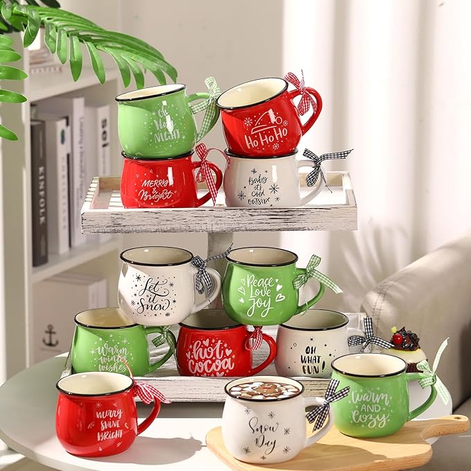Zubebe Christmas Coffee Mugs Set of 12, 12 oz Hot Cocoa Ceramic Holiday Mugs Set for Mom, Woman, Family, Friend - Farmhouse Tiered Tray Decor, Coffee Bar Decor(Red, Green, White)