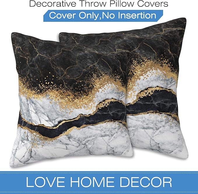 Black and White Marble Throw Pillow Covers Set of 2 Black Gold Marble Pillow Covers 16x16 Inch Modern Farmhouse Home Decorative Pillow Cases Cushion Cover for Sofa Living Room Office