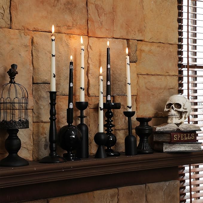 6 Pcs Taper Candles 10 Inch Candle Sticks for Bachelorette Bridal Wedding Party Baby Shower Table Cake Decor(Butterfly Bat and Ghost,10 Inch,Black and White)