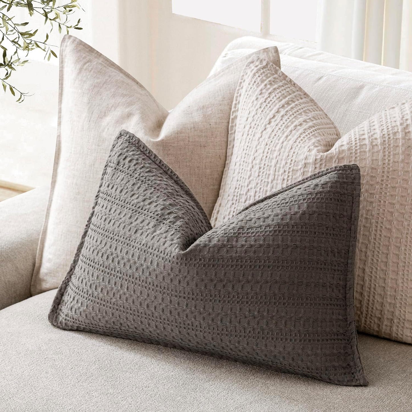 Foindtower Set of 2 Decorative Cotton Waffle Weave Lumbar Throw Pillow Covers Euro Shams Cushion Covers Accent European Pillowcase for Bed Couch Bedroom Living Room Home Decor 12×20 Inch Taupe Gray