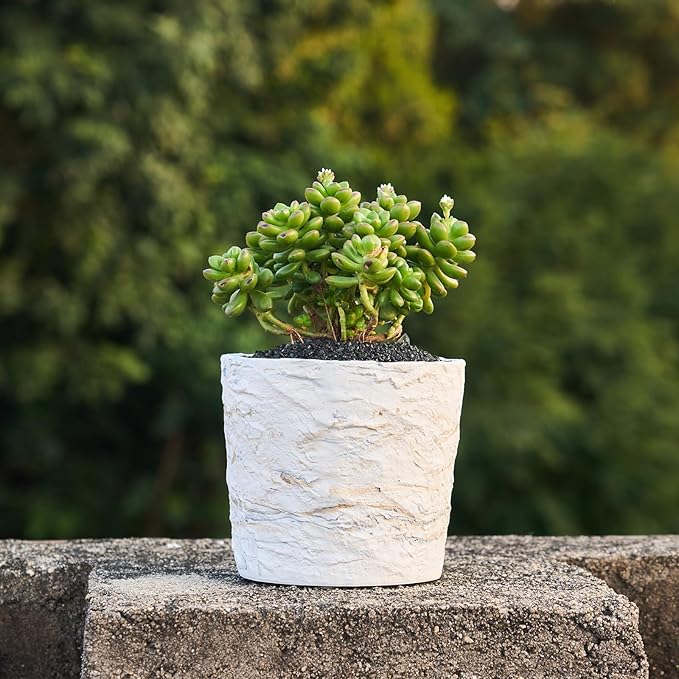 Ekirlin 7 Inch Natural Ore Textures Plant Pot, Resin Outdoor Planters with Drainage Hole, Removable Rubber Stopper and Non-Slip Soft Pad,Weatherproof Decorative Pot for Indoor/Garden Plants