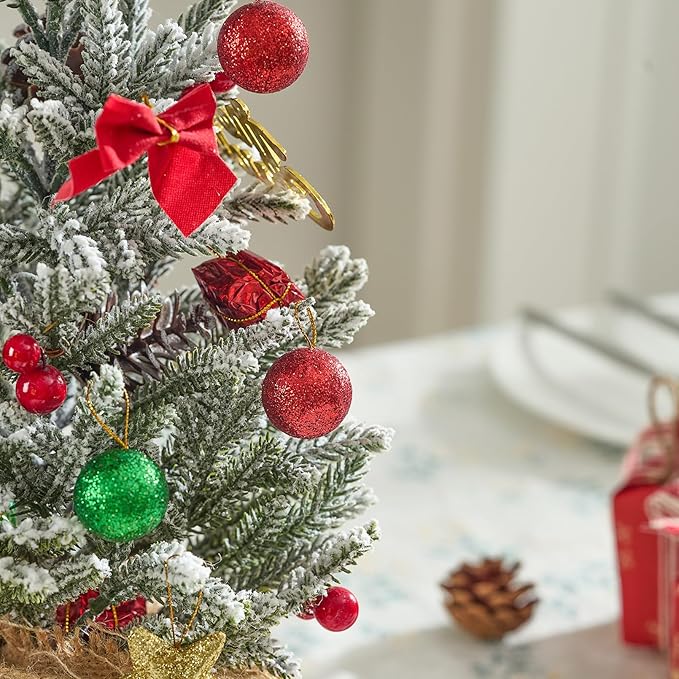 2 PCS Tabletop Christmas Tree, Small Flocked Xmas Tree Mini Artificial Pine Tree with Burlap Base for Desk Table Fireplace Mantel Decor 18 Inches