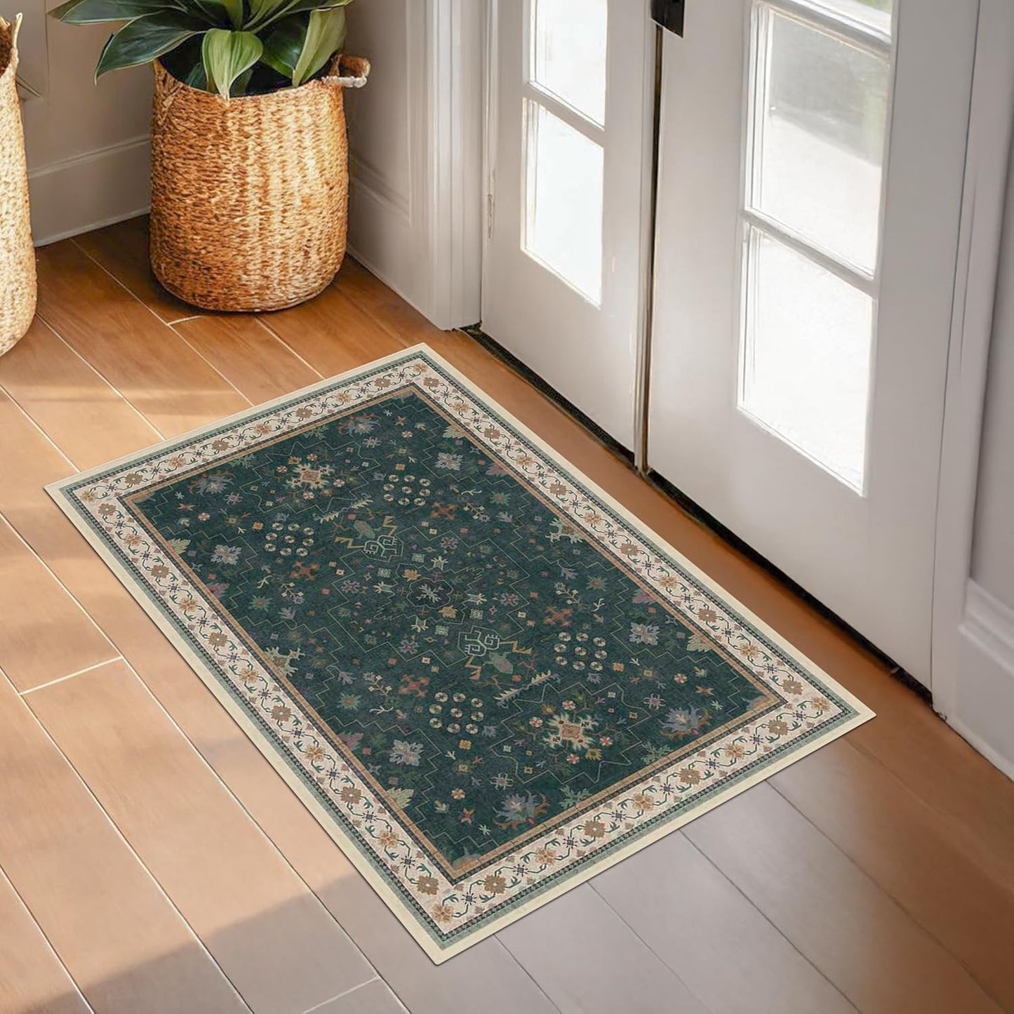 Dark Green 2x3 Door Mat Indoor Entrance Rug - Small Throw Area Rugs for Entryway, Kitchen, Bathroom, Bedroom, Laundry Room - Vintage Boho Eclectic Floral, Washable Low Pile Non-Slip