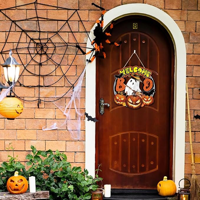 Welcome Halloween Sign,Cute Ghost Door Sign,Halloween Pumpkin Door Decor,Bat Pumpkim Wall Hanging,Black Cat Bat Boo Ghost Wall Decoration for Party Home Porch Yard Room Office Outdoor Indoor