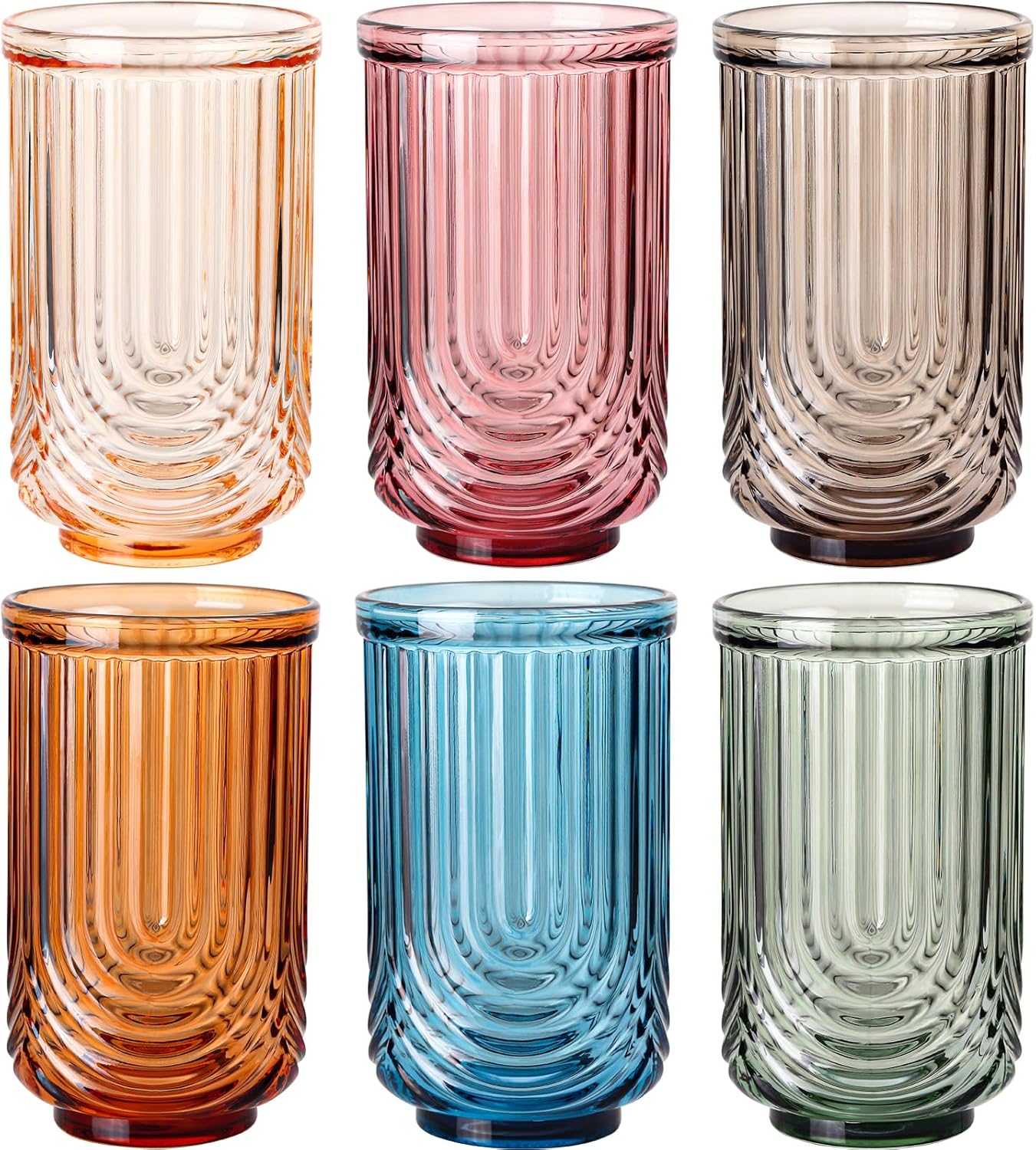 Colored Vintage Glassware Set of 6-17Oz Colorful Water Drinking Glass, Art Deco Ripple Highball Glass, Whiskey Cocktail Glasses, for Bar Beverages Ice Coffee Juice, Housewarming Gifts