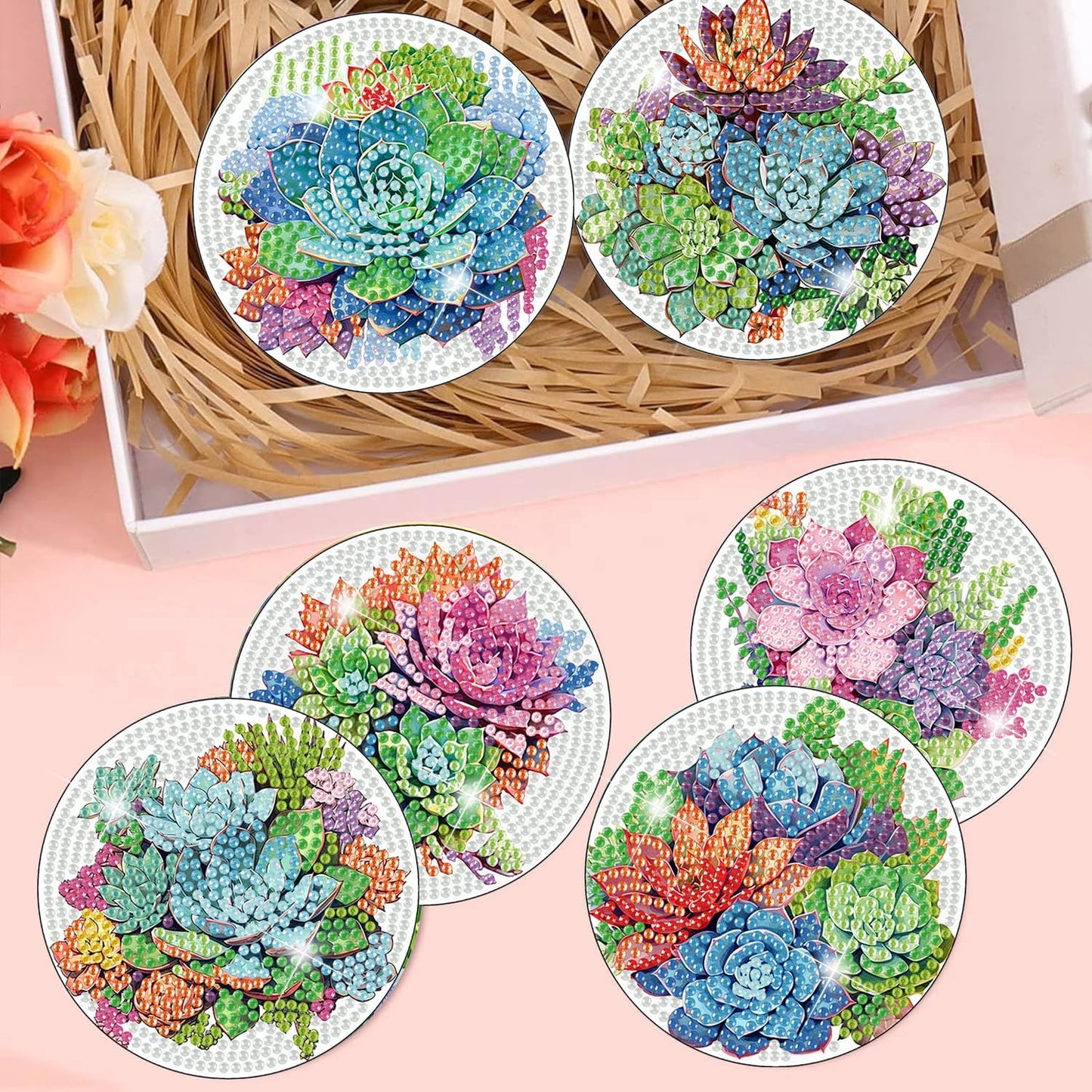 Meothan 8 Pcs Diamond Art Coasters Kits for Adults with Holder Cork Pads, Succulent Diamond Dots Art Painting Coasters Crafts Kit for Home Office Decor (Green Plants)