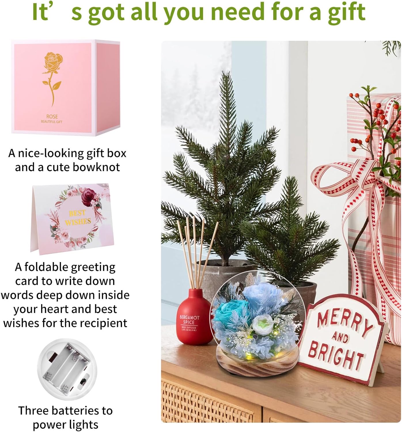 Long-lasting real flowers，Preserved Rose in Glass Dome with Hydrangea and LED Light，Roses Gifts for Women Mom Her Grandma on Mothers Day Birthday Valentines Day Christmas Thanksgiving(Aqua&Blue Rose)