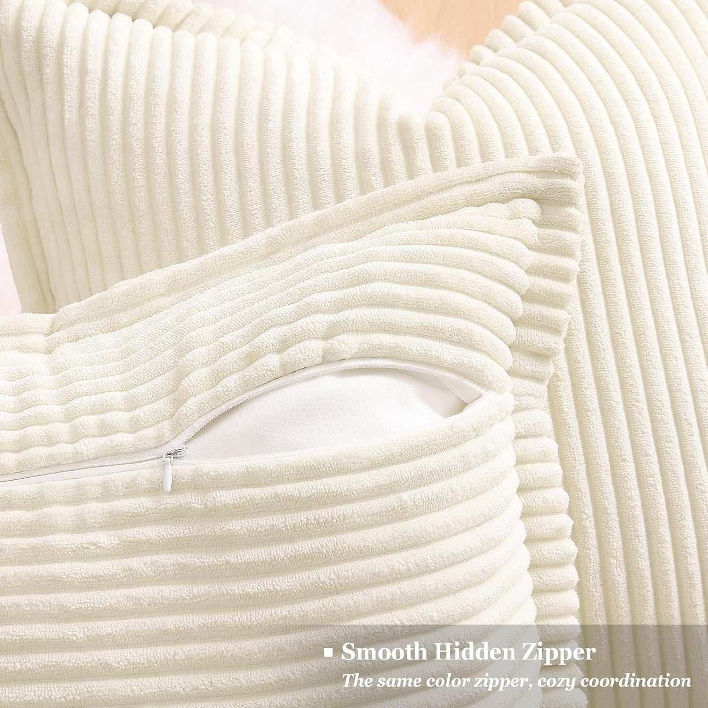 decorUhome Christmas Corduroy Cream White Throw Pillow Covers 26x26 Set of 2 Decorative Soft Boho Farmhouse Euro Couch Pillow Covers for Living Room Bed Sofa Broadside Striped Pillow Cases