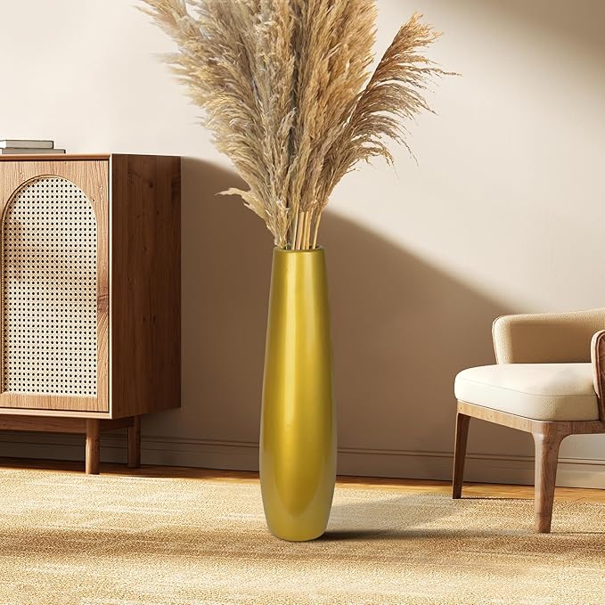 Gold Ceramic Tall Floor Vase,17.7 Inch Large Modern Flower Vases for Home Décor,Wicker Big Floor Vase Decorations for Farmhouse, Living Room,Bedroom,Standing Plastic Vase Decorative Tall