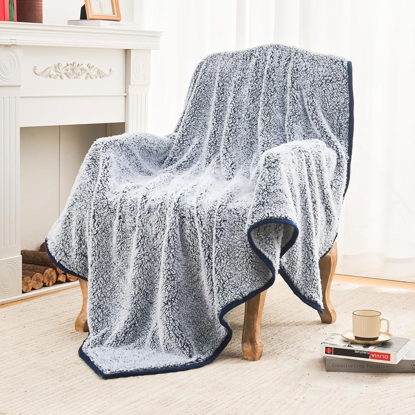 EMME Soft Sherpa Throw Blanket Fleece Reversible Plush Fluffy Blanket, Light Weight Warm Decorative Boho Blanket Cover for Sofa, Couch, Bedroom,Travel(Plush Navy,50"x60")