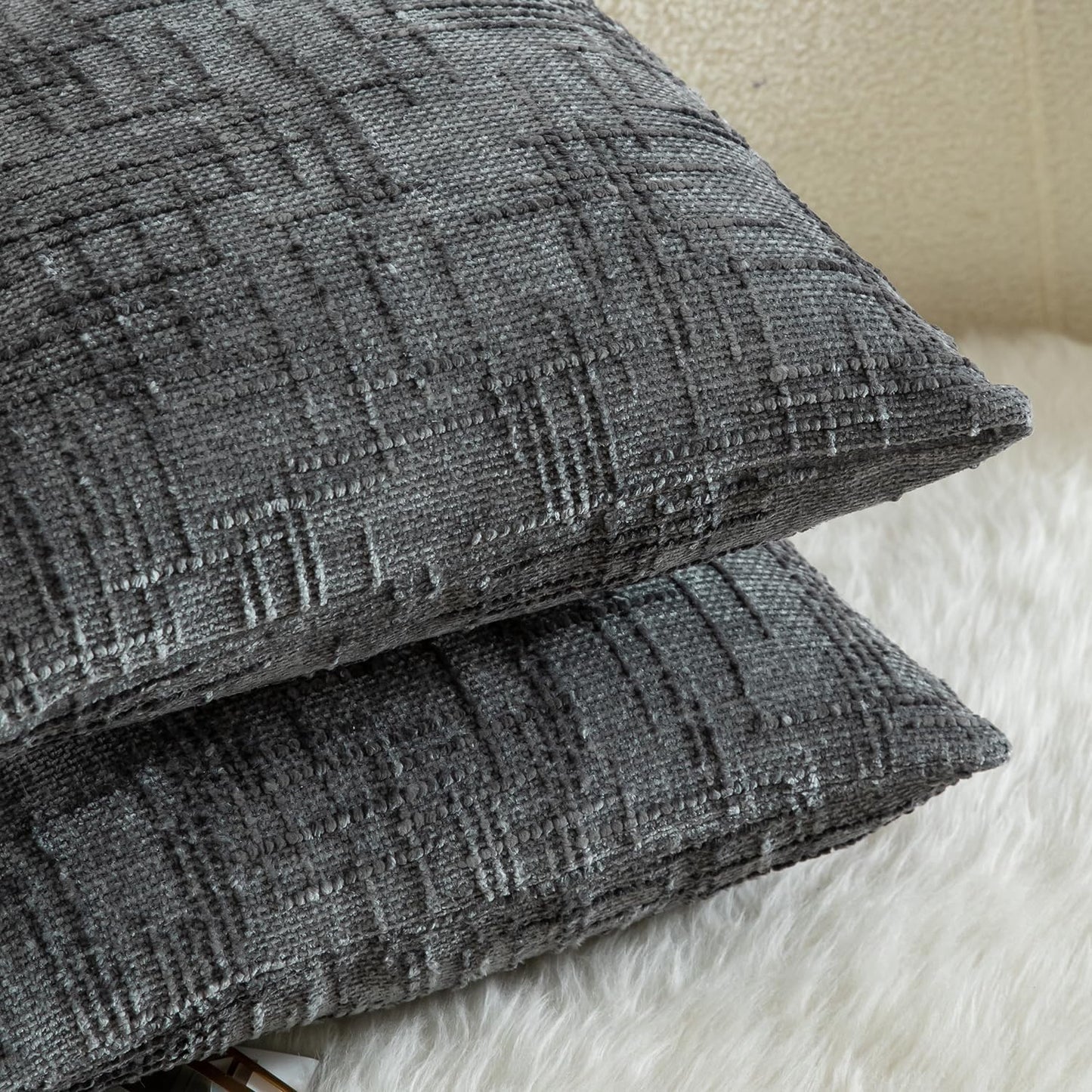 MANDIOO Pack of 2 Soft Chenille Textured Throw Pillow Covers Square Accent Solid Decorative Cushion Cover Cozy Farmhouse Pillow Case for Couch Sofa Bed Living Room 24x24 Inch Dark Gray