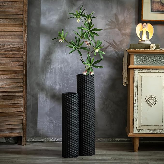 Sziqiqi Black Cylinder Tall Floor Vase: 27.6/21.7in Metal Extra Large Decorative Vase Set of 2 Living Room Modern Honeycomb Texture Big Standing Vase for Dining Bedroom Home Corner Indoor Office