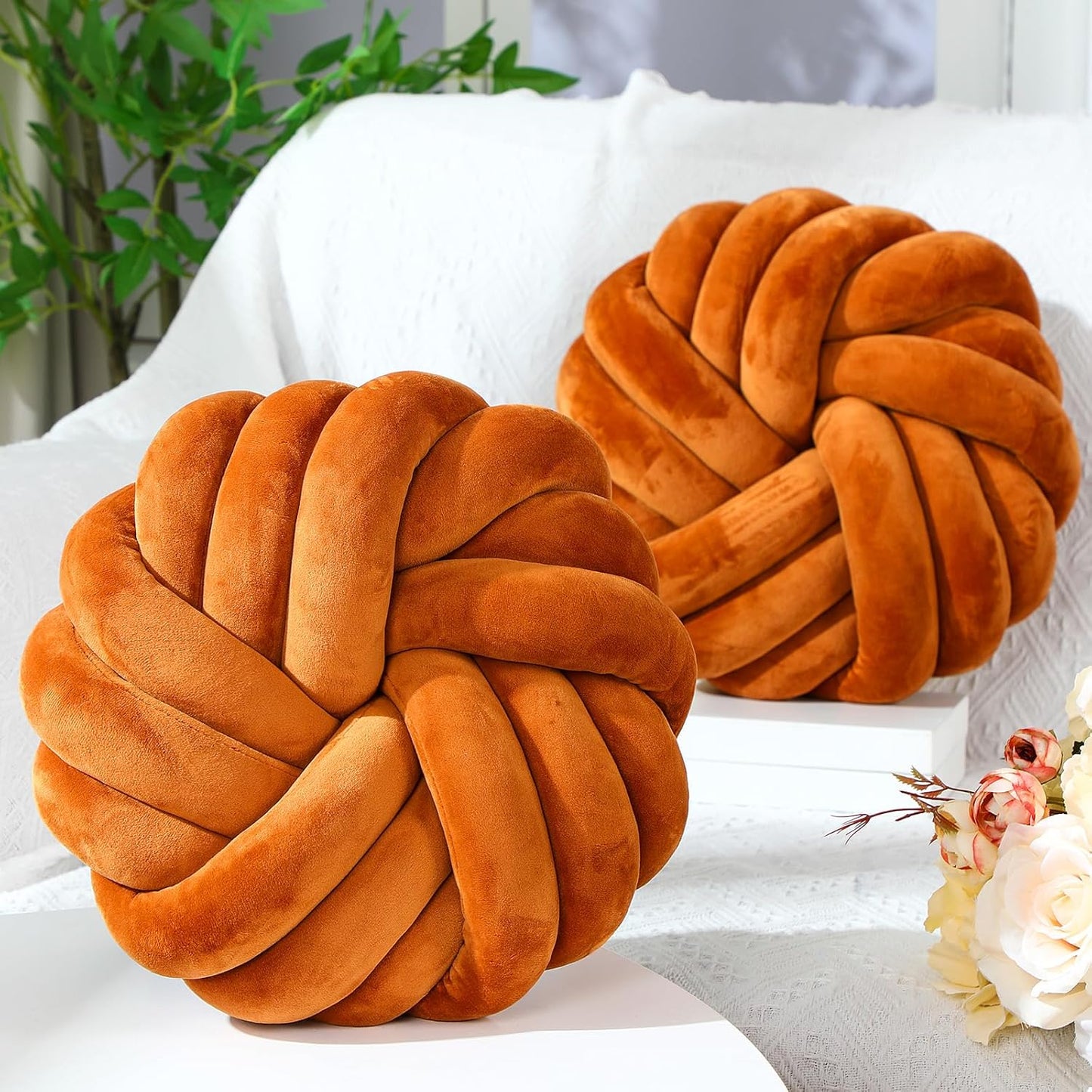 Fumete 2 Pcs 14 Inches Knot Pillow Round Throw Soft Plush Knot Ball Pillow Handmade Knotted Modern Home Decorative Cushion for Bed Bedroom, Sofa, Couch (Caramel Color)