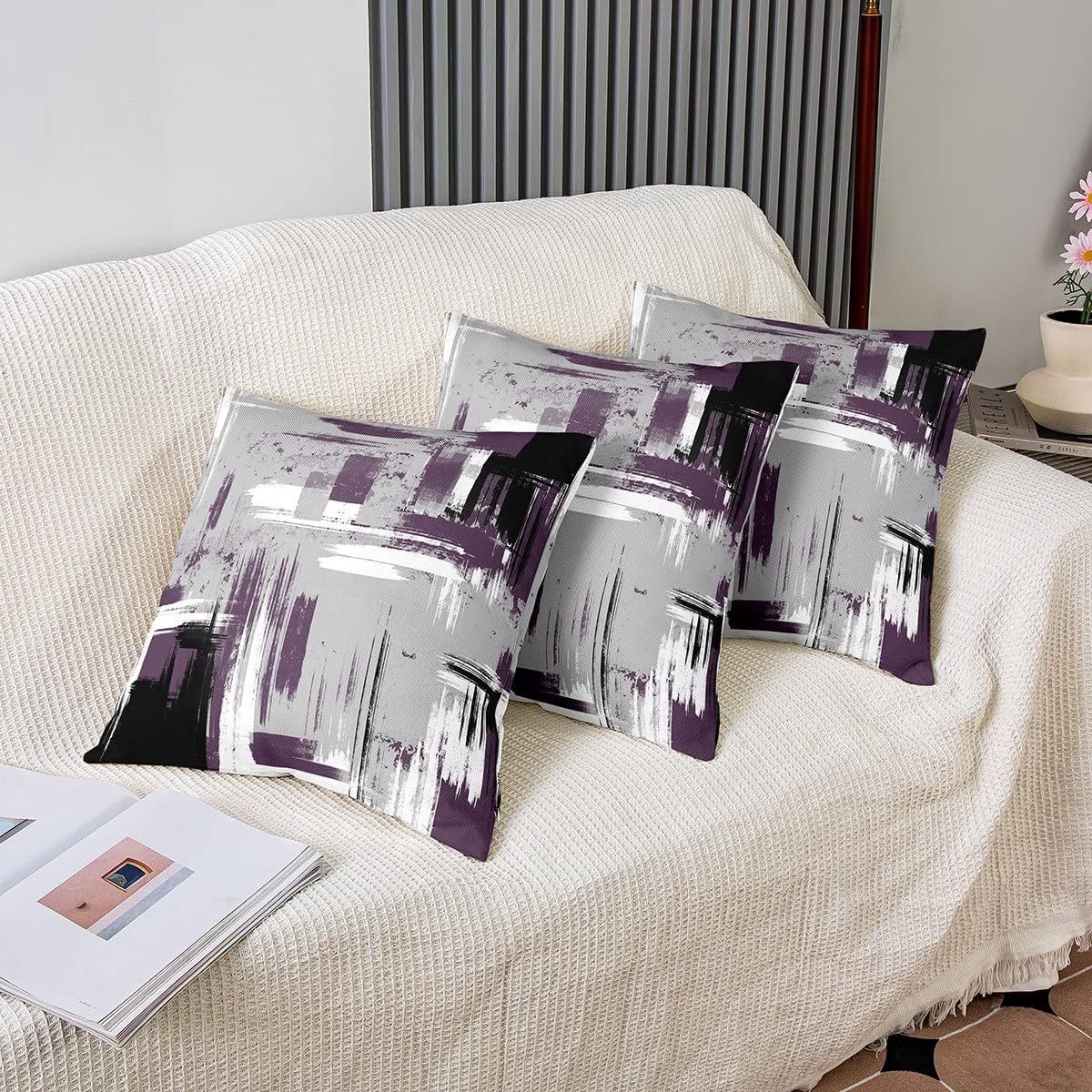 Feelyou Abstract Throw Pillow Covers for Couch Sofa Bed, Set of 2 Modern Abstract Art Decorative Pillows Cushion Covers, Retro Purple Grey Black Pillow Inserts Not Included, 18x18 inch