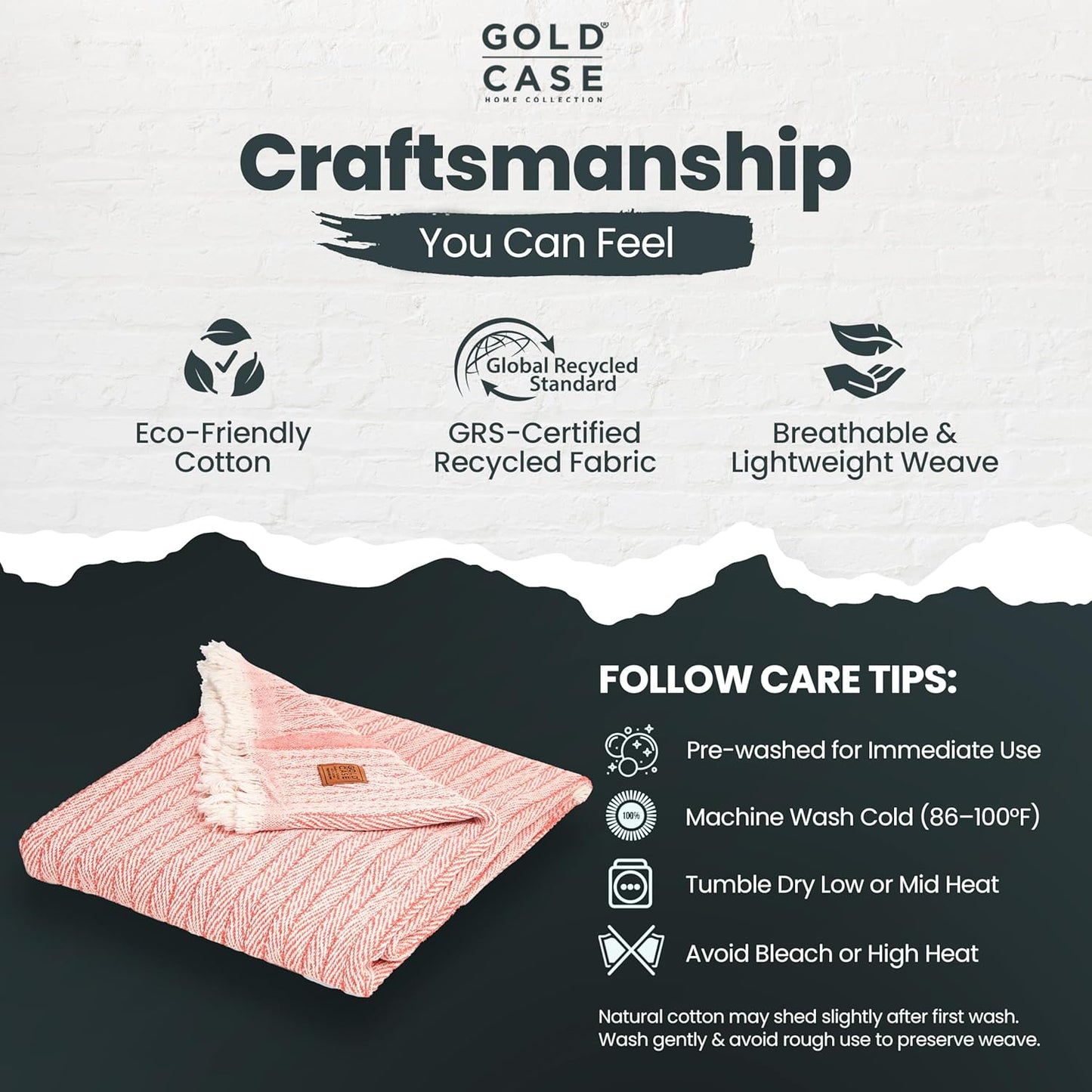 Gold Case Throw Blanket for Couch - 100% Recycled Turkish Cotton Blankets & Throws - Vintage Soft Throw Blankets for Living Room - Boho Decorative Woven Couch Blanket - 50x60 - Orange