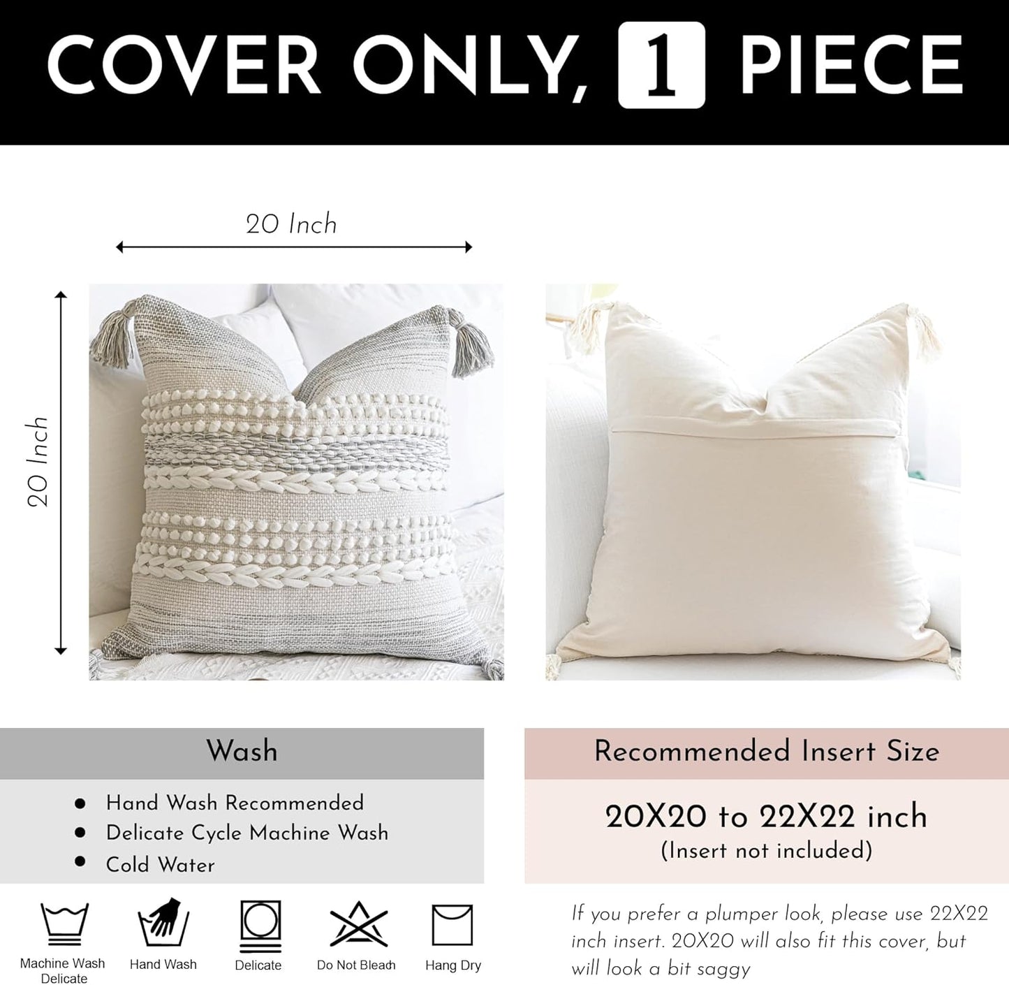 BlissBlush Gray Decorative Throw Pillow Cover 20X20, Boho Accent Pillow for Couch, Square Modern Farmhouse Pillowcase for Living Room Couch Sofa Cushion Home Décor (Pack of 1)