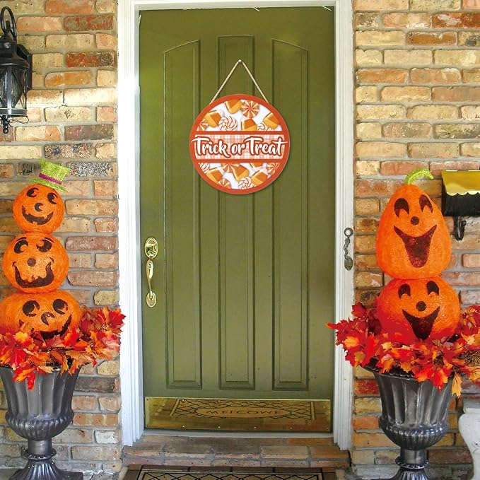 TOARTi 3D Halloween Trick or Treat Front Door Sign Hanging(11.4x11.4''), Rustic Lollipop Candy Cone Wall Decor, Farmhouse Halloween Wooden Plaque for Home Classroom Office