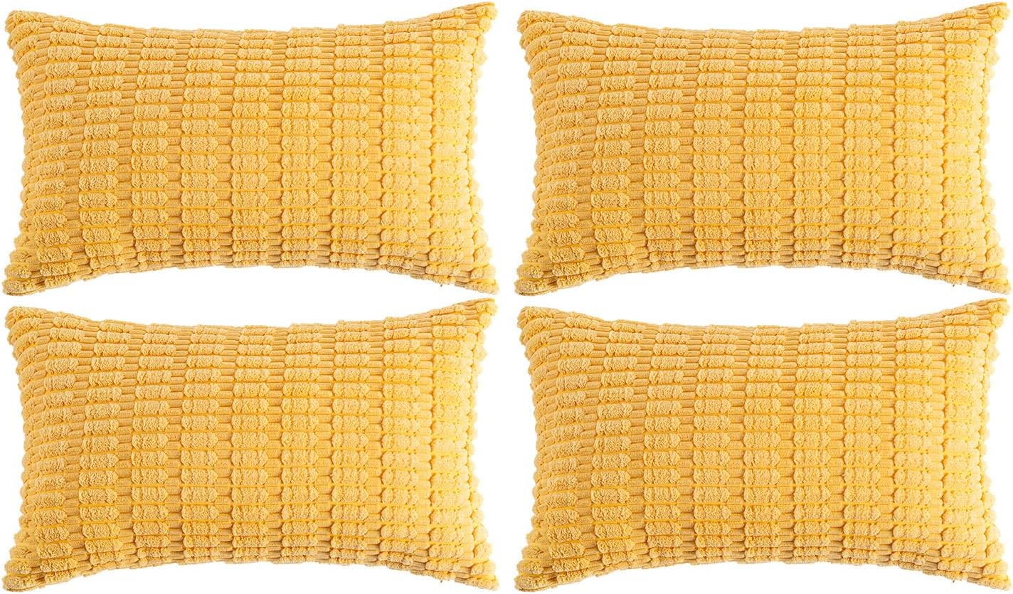 Fancy Homi 4 Packs Yellow Lumbar Decorative Throw Pillow Covers 12x20 Inch for Living Room Couch Bed Sofa, Rustic Farmhouse Boho Home Decor, Soft Striped Corduroy Rectangle Cushion Case 30x50 cm