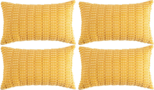 Fancy Homi 4 Packs Yellow Lumbar Decorative Throw Pillow Covers 12x20 Inch for Living Room Couch Bed Sofa, Rustic Farmhouse Boho Home Decor, Soft Striped Corduroy Rectangle Cushion Case 30x50 cm