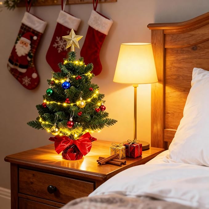 24 Inch Tabletop Christmas Tree, Artificial Mini Xmas Pine Tree with LED String Lights and Ornaments,Christmas Decoration Tree Decor-Red